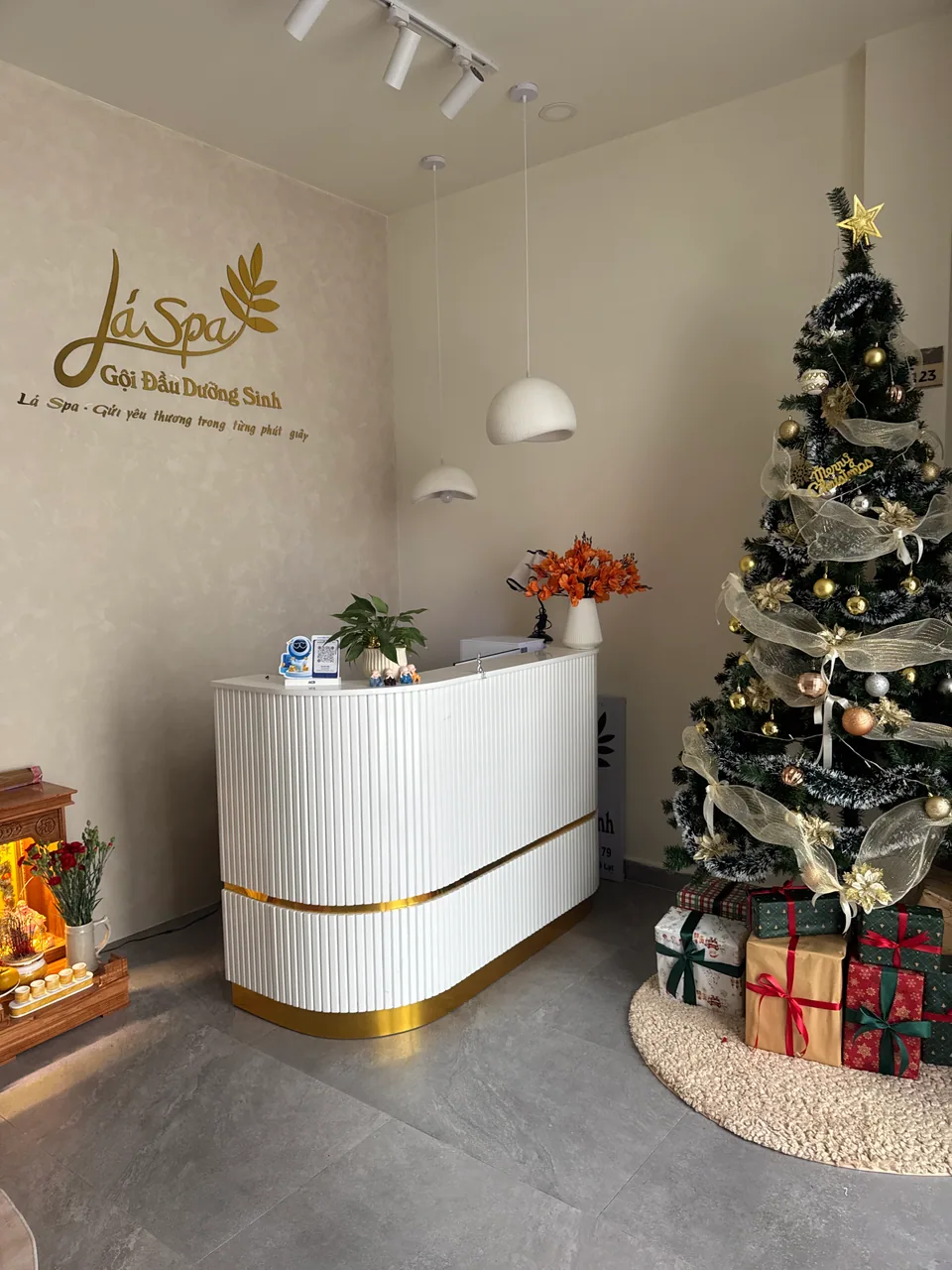 Góc trang trí gỗ và cây xanh tại sảnh Lá Spa